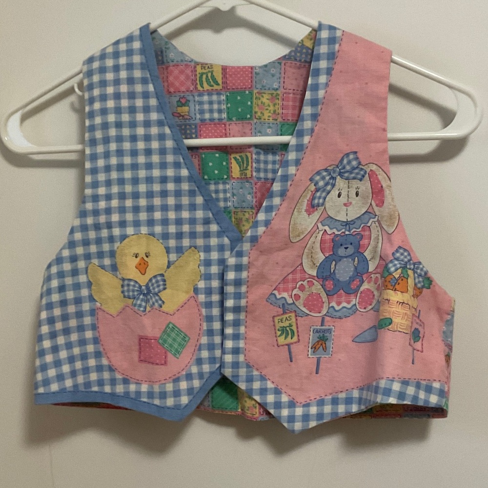 Blue and Pink Reversible Patchwork Kids Vest with Bunny & Chicks